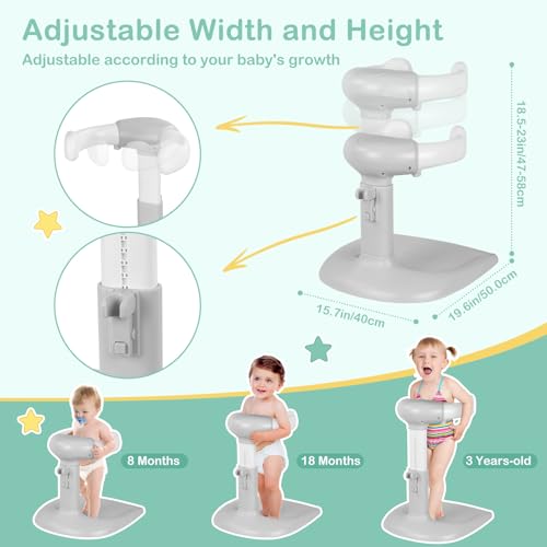 Image of Baby Shower Standing Support with Anti-Slip Base and Shower Head Holder, Adjustable Height /Width Baby Bath Stand, Easy to Install and Use Toddler Stand Up Shower Rack for 6-36 Months, Gray