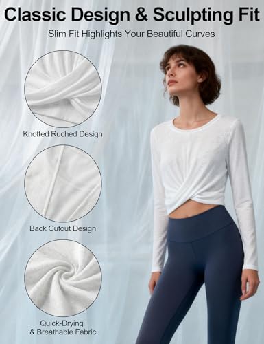 Image of Venzina Womens Textured Crop Top with Tummy Control & Mesh Back Cross Front Yoga Shirt Four-Way Stretch, Quick-Dry Workout Top for Gym, Running, Fitness-White - L