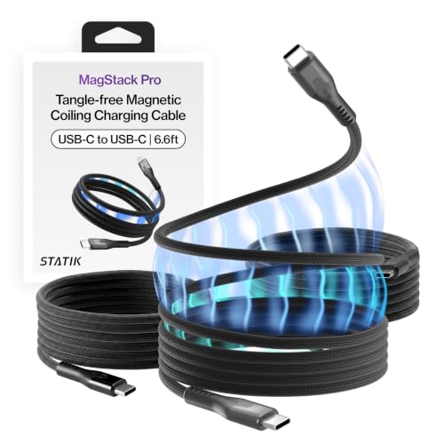 Image of Statik MagStack Pro USB C to USB C Coiling Magnetic Charging Cable,100W | Nylon Braided Tangle-Free Design, Magnetic Coiling, Data Transfer, Compatible with iPhone & Android, 6FT Black, 3 Pack