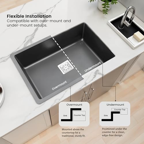 Image of Ruhe Smoke Grey Quartz Single Bowl Kitchen Sink - 24x18x9 inches | Noise-Reducing, Durable & Scratch-Resistant Kitchen Granite Sink | Sink Coupling, Waste Pipe & Vegetable Washing Basket