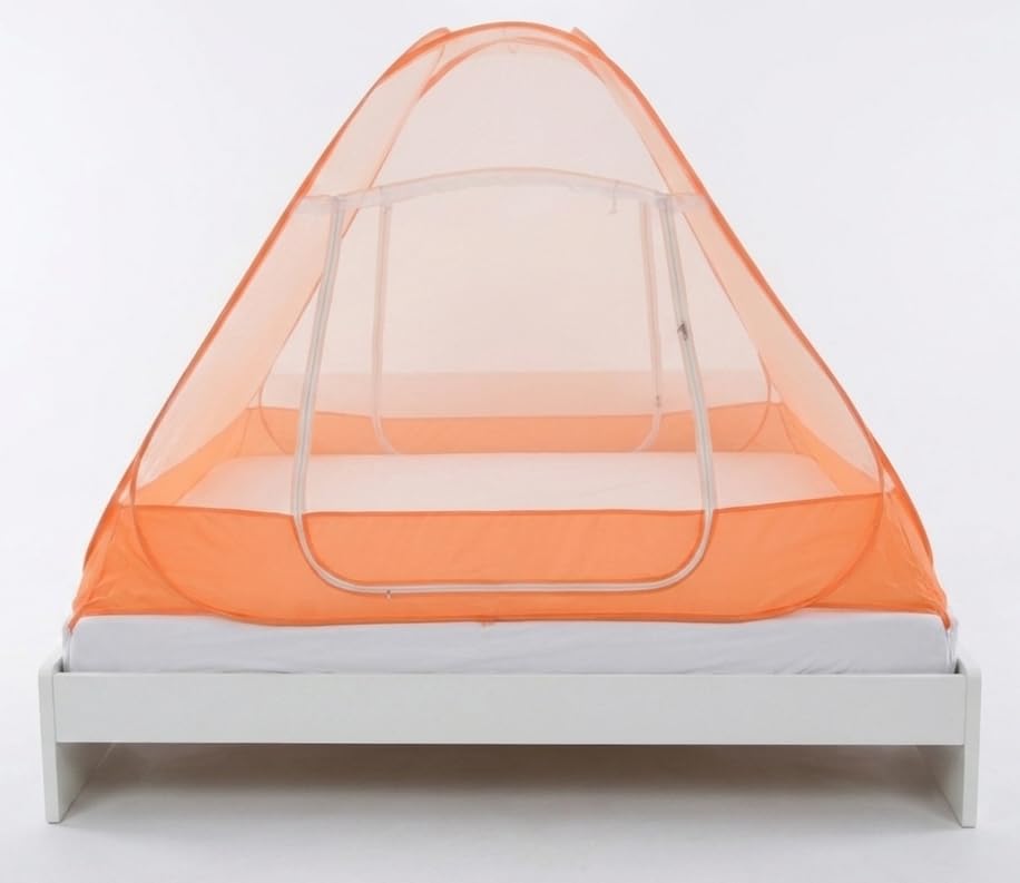 Image of Healthy Sleeping Mosquito Net | Double Bed | Supreme King Size Bed | Foldable Machardani with 2 Side Zipper Opening | Strong 30GSM Polyester Net | PVC Coated Steel Wire (Orange)