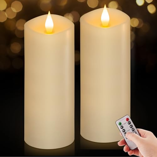 Image of Flameless LED Candles 3 inchx8 inch Set of 2, Battery Operated with Remote & Timer, 600-Hour on 2 AA Batteries, Flickering Realistic Flame, White for Indoor /Outdoor
