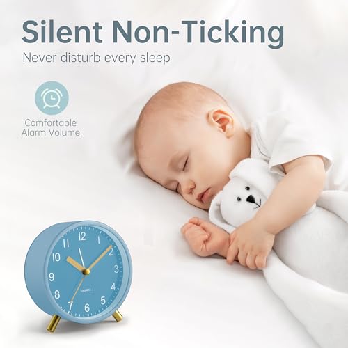 Image of JALL Analog Alarm Clock, 4 inch Super Silent Non Ticking Small Clock with Night Light, Battery Operated, Simple Design, Easy Setting for Office, Bedroom, Bedside, Desk, Teens, Elders, Adult, SkyBlue