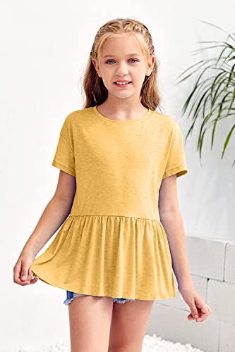 Image of Ebifin Girls Short Sleeve Tops Kids Peplum Babydoll T Shirts Tees 4-15Y | Girls T-Shirts, Crew neck Short Sleeve Shirts, Casual Tunic Tops, Cute Blouses, Summer Tees, Ruffle Hem, Loose fit