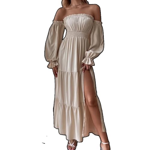 Dresses for Women 2024 Casual Straight Neckline Off-The-Shoulder Ruffles Long-Sleeved High-Slit Dress