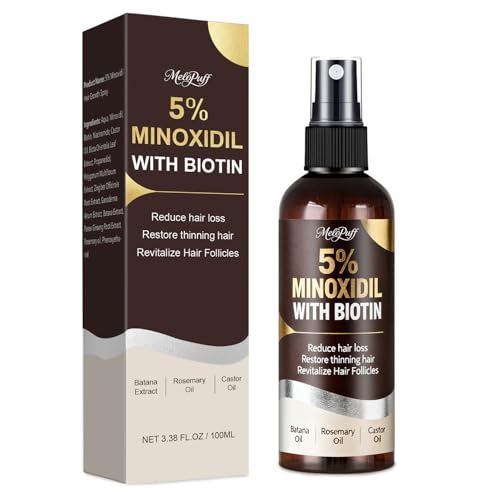 Yellow Melopuff minoxidil mist bottle — shows the largest single-bottle volume in the set