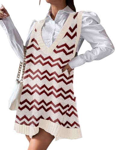 Image of Zeagoo Womens Sweater Vest Dress Pattern Knitted Pullovers Sweaters V Neck Tank Sweater Dress with Pockets