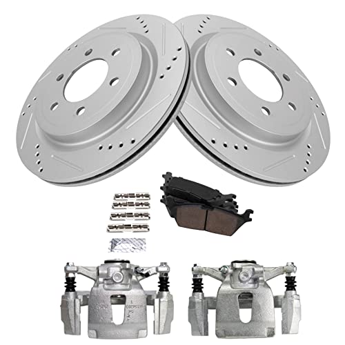 Image of TRQ Rear Performance Brake Pad, Caliper, & Rotor Kit Ceramic Vented Premium G-Coated Compatible with 2018 Ford F-150
