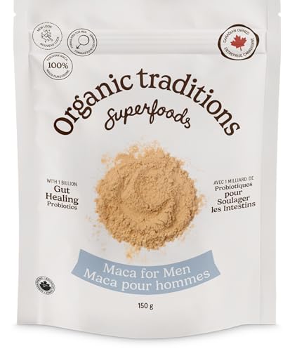 Organic Traditions Maca Mens With Probiotics Powder Mix | Unique Blend Of Black & Red-Purple Maca Roots | For Delicious Energizing Adaptogen | 150 Grams