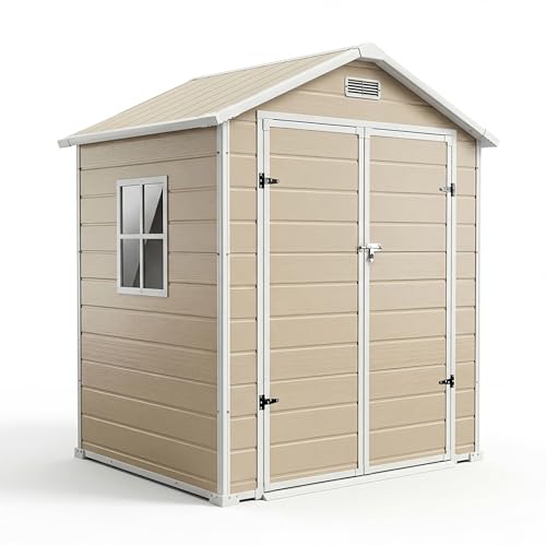 6x4 FT Outdoor Storage Shed with Floor, Plastic Resin Garden Shed with Window & Sloping Roof & Lockable Door for Patio Backyard Garden, Lawn Mower, Bi
