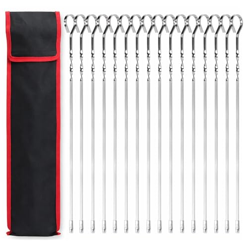 16 Pack 15.9 inch Kebab Barbecue Skewers, Stainless Steel Flat Heavy-Duty Metal BBQ Barbecue Skewer for Grilling,Reusable Kebab Skewer with Ring Handle and Portable Storage Bag for Meat and Vegetable