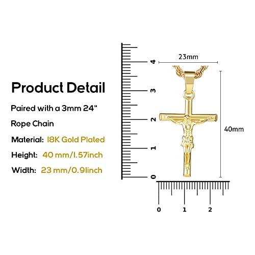 Helloice Crucifix Cross Necklace 18K Gold Plated Cross Pendant With 3Mm 22" Rope Chain For Men Women (Crucifix Cross) #TOP1