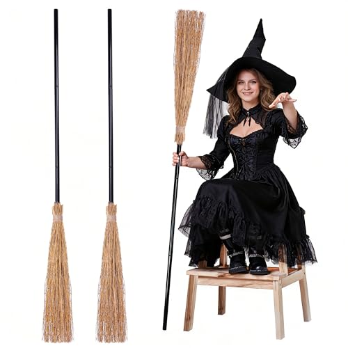 URATOT 3-Piece Halloween Broom Props - Thatch Bamboo Witch Broomsticks with Retractable Straws - Party Decoration for Cosplay & Favors