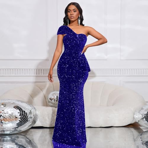 Image of Cololura Women Sexy Sequin One Shoulder Mermaid Formal Party Cocktail Gowns Bodycon Evening Maxi Dress