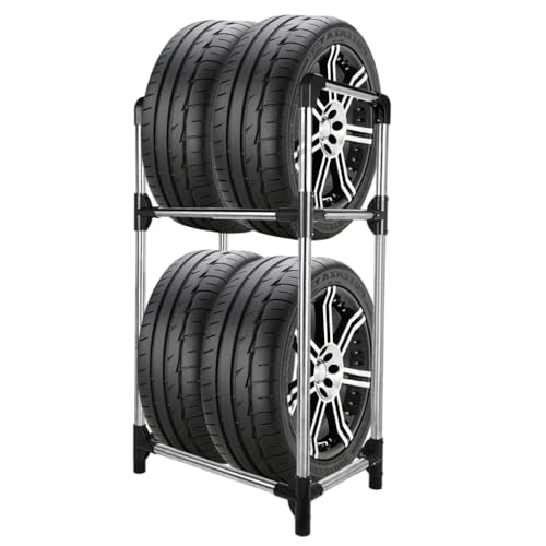 BAOYOUNI Reifenständer für 4 Reifen oder Felgen 2 Ebenen Freistehendes Reifenregal Robust Platzsparend Lagerregal für Garage Keller Werkstatt 57 2 x 37 3 x 114 6cm Grau+Silber