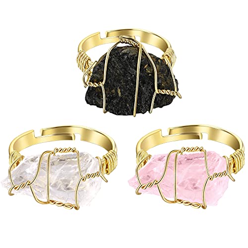 Hicarer Chakra Crystal Ring Healing Wire Wrapped Irregular Adjustable Crystal Gemstone Rings Jewelry3