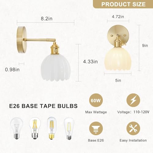 Image of Wall Sconces Set of Two Hardwired, Vintage Sconce Light with Tulip Milk White Glass Lampshade, Bathroom Wall Lights with Switch, Gold Wall Light Sconces Wall Decor Set of 2