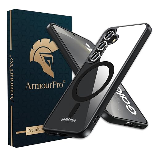 Image of ArmourPro MagSafe Compatible Case for Samsung Galaxy S24, Magnetic Wireless Charging Back Cover with Clear Back, Flexible TPU Bumper, Camera Protection | Black