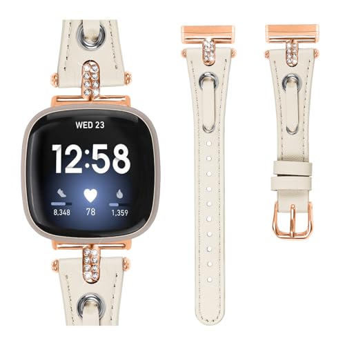 Leather Straps Compatible with Fitbit Versa 4/Versa 3 Strap for Women Genuine Leather Wristband Metal Bling Rhinestone Replacement Watch Band Strap Bracelet for Sense 2/Sense (Starlight/Rose Gold) - Image 2