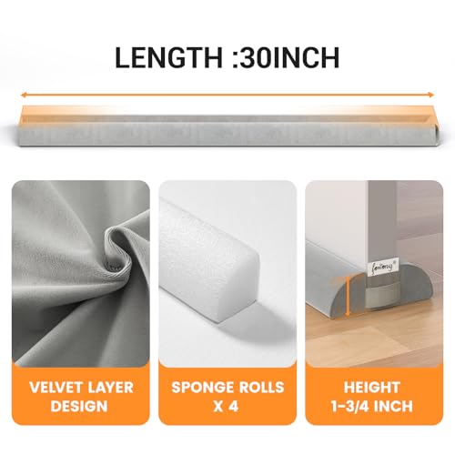 fowong Door Draft Stopper 30 Inch, Upgraded Triangle Design for Large Gap Seal up to 1.7", Adjustable Under Door Noise Blocker, Fits 24 to 30 Inch Doors, Machine Washable Grey by fowong - Image 6
