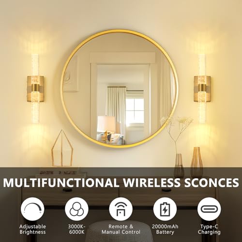 Image of Battery Operated Wall Sconces Set of 2, 20000mAh Rechargeable Wall Light | Remote Control 3000K-6000K Dimmable LED Wireless Sconces,Gold,15.6 Inch