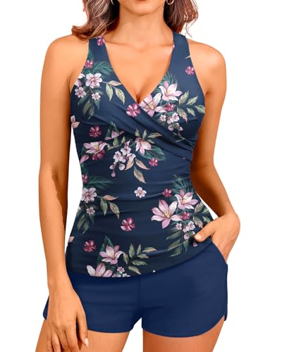 Image of Women Tankini Swimsuits with Shorts Two Piece Tummy Control Bathing Suits | Two Pockets,Tummy Control,Built-in Brief,Quick Dry,Removable Cups,High Waisted Short