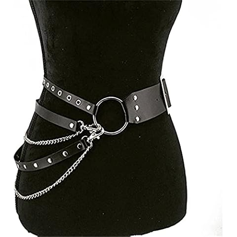 ZSDFW Women Gothic Punk Waist Belt Metal Chain Circle Ring Multi-layer Pin Buckle Leather Belt for Women Dresses Jeans Accessories Cover
