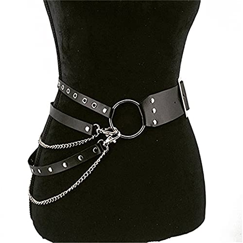 ZSDFW Damen Gothic Punk Taillengürtel Metallkette Kreis Ring Mehrschichtige Dornschließe Ledergürtel für Damen Kleider Jeans Zubehör Cover