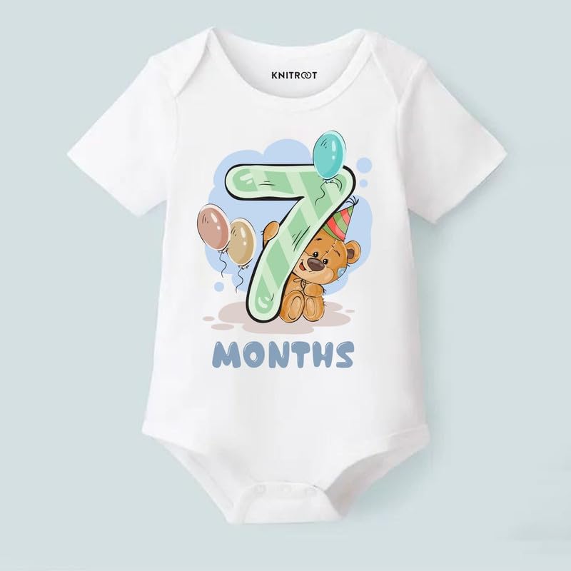 Image of Knitroot Monthly Birthday Teddy Special, Newborn Baby Half Sleeve Unisex Romper, Onesies, Sleepsuit, Body Suit, Envelope Neck, 1 to 12 Months Print, 0-12 Months, Infant Cloth for Boys & Girls