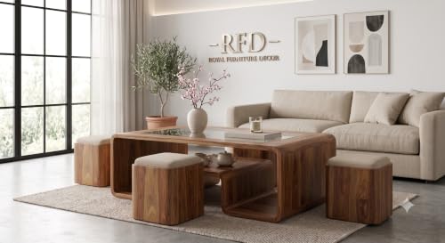 Image of Royal Furniture Decor Solid Wood Coffee Table with 4 Stools, 122x61 cm | Glass Top Surface, Built-in Lower Shelf, Upholstered Stools, Rounded Arch Design, Living Room Use