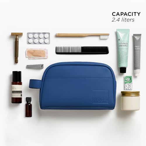 Image of COUNSELOR Toiletry Bag for Men & Women, Vegan Leather Toiletry Organizer, Shaving Kit Bag & Grooming, Travel Toiletry Pouch with Handle, Multiple Compartment, Unisex Travel Organizer Swift (Navy Blue)