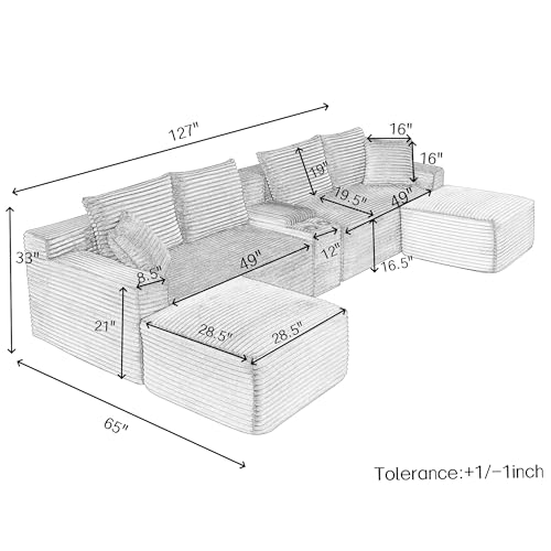 127" U-Shaped Cloud Sectional Couch, Front Facing Modular Compressed Boneless Sectional Sofa with Chaise Lounges and Console, Plush Corduroy Boneless Symmetrical Sofa - Image 2