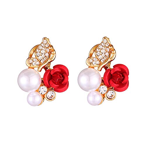 Crystal Stud Flower 1 Imitation Plated Rose Earring Pearl Red Pair Earrings Dick Earrings (Red, One Size)