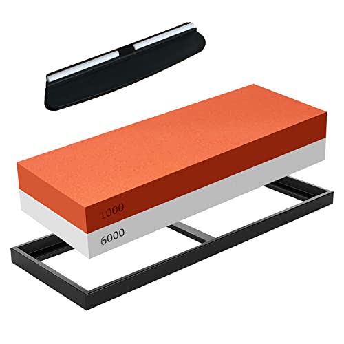 Piedra de afilar,Grano 1000/6000 Afilador de Cuchillos con Base de Silicona Antideslizante y Guía de Ángulo(Profesional 2-en-1)