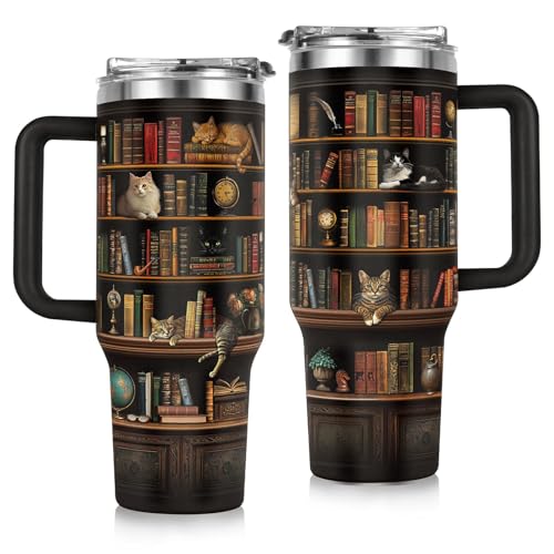 GoMelley Cat Book Tumbler 40oz, Painted Books Mug for Book Lover Gifts Women, Cat Travel Coffee Mug, Bookish Gifts, Books Club Gift for Readers, Librarian, Bookworm, Reading Gift, Bookish Items