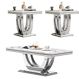 Faux Marble Coffee Table End Table Sets of 3 for Living Room, Mordern Living Room Tables with Stainless Steel Leg, Rectangle Center Table Home Furniture Set (Silver, 1 Coffee with 2 End Table)