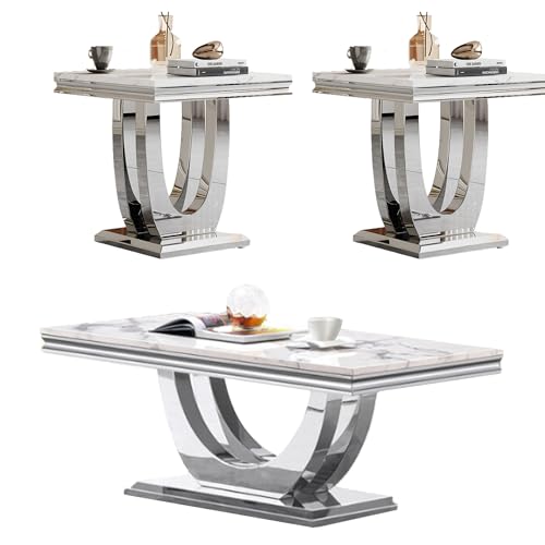 Ssline Silver Living Room Table Sets Of 3,Rectangle Faux Marble Coffee Table And End Tables Sets 3 Piece,Modern Square Accent Side Tables W/Stainless Steel Frame,Gorgeous Coffee Table Set For Living Room cover