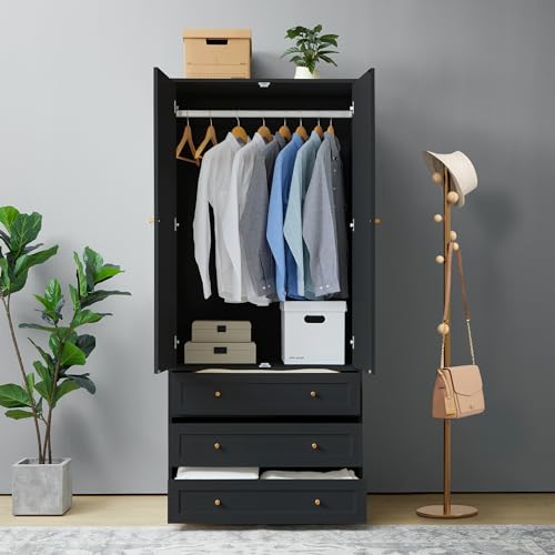 LEVNARY Wardrobe Armoire Closet, 2-Door Wardrobe Cabinet with 3-Drawer and Hanging Rod, Modern Bedroom Armoire Clothing Organizer Freestanding Closet (Black) - Thumbnail 3