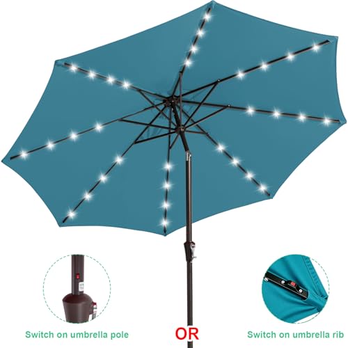 Image of JEAREY 9FT Outdoor Patio Umbrella with Solar Lights, LED Lighted Pool Umbrella with Tilt and Crank, Outdoor Table Umbrellas for Deck, Yard & Market (Lake Blue)
