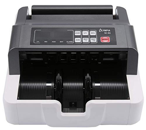 Olympia NC 452 Akku Geldzählmaschine & Geldscheinprüfer & Tischrechner mit Papierrolle mit 12-stelliger LCD-Anzeige I Handliche Rechenmaschine mit Papierrolle in 57mm Breite & Blauer IR 40 Tintenrolle