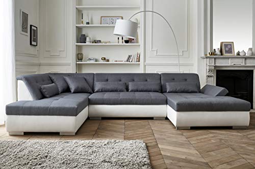 Lisa Design - Canapé d'angle Panoramique en U Vermont - Canapé 7 Places, avec 2 Méridiennes - Taille XXL 3,35 m - Accoudoir Réglable - Fabriqué en UE - Gauche, Simili et Tissu, Blanc/Gris