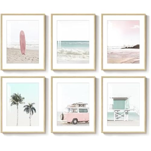 Framed Pink and Mint Green Coastal Beach Wall Art for Living Room, 11x14 In