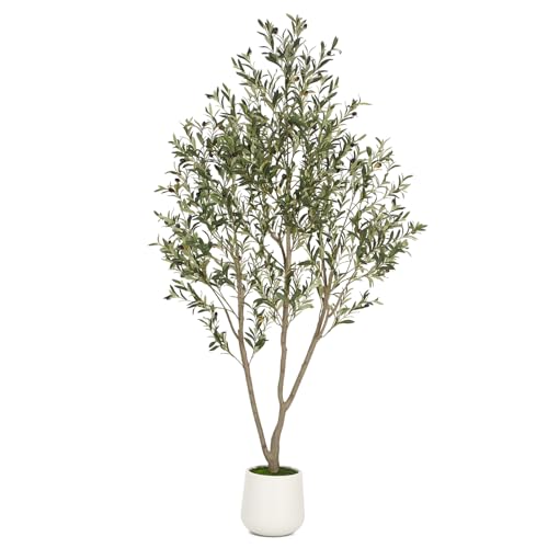 VIVATREES Olive Trees Artificial Indoor, 7FT Tall Faux Olive Tree with White Tall Planter,...