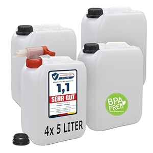 plasteo® 4er Set 5 Liter Leerkanister mit Sicherheitsverschlüssen und 1x AFT-Hahn (DIN 45) | Lebensmittelecht | Stapelbar und Stabil | Indoor und Outdoor | BPA Frei | Gefahrgut-Zulassung
