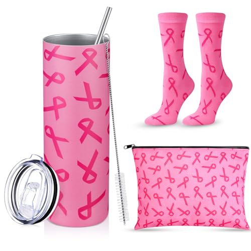Patelai Breast Cancer Awareness Gift Set for Women Breast Cancer Survivor Tumbler Engraved with Hope Strength Cure Inspirational Gift Cosmetic Pouch Makeup Bag and Socks(Pink)