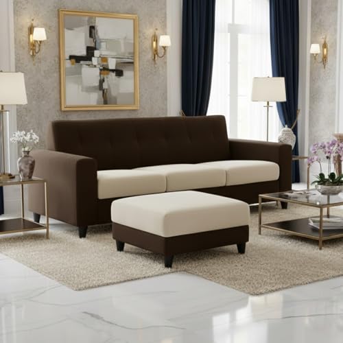 Image of Homeboy 4 Seater L Shape Sofa Set with Movable Ottoman | Flexible Left or Right Layout | Luxe Velvet Suede Fabric | Comfortable Seating | Modern Sofa for Living Room -Dark Brown - Cream