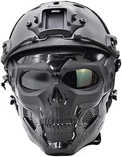 PJ Tactique Fast Casque avec Masque de Crâne Intégral Réglable Adapté au Paintball Airsoft, Halloween, Jeux de Rôle, Fêtes Costumées - BK