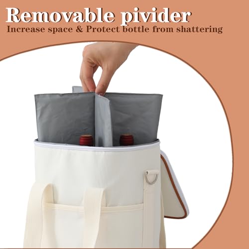 EMBRUNIOICE 4 Bottle Wine Tote Bag - Leakproof & Insulated Wine Carrier Travel Padded Wine Cooler Bag with Adjustable Strap, Picnics, Beach & Parties, Stylish Gift for Wine Lovers (Beige) — view 6