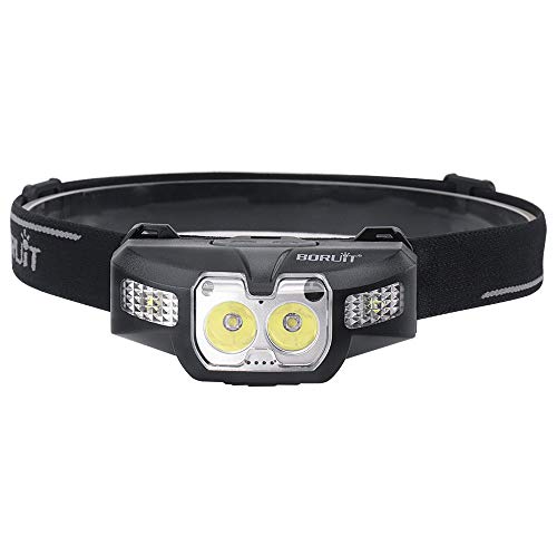 Boruit Lampe frontale LED rechargeable par USB avec détecteur de mouvement PIR LED blanches et rouges, 5 modes, étanche IPX4 et anti-chute, mini lampe frontale à LED super lumineuse