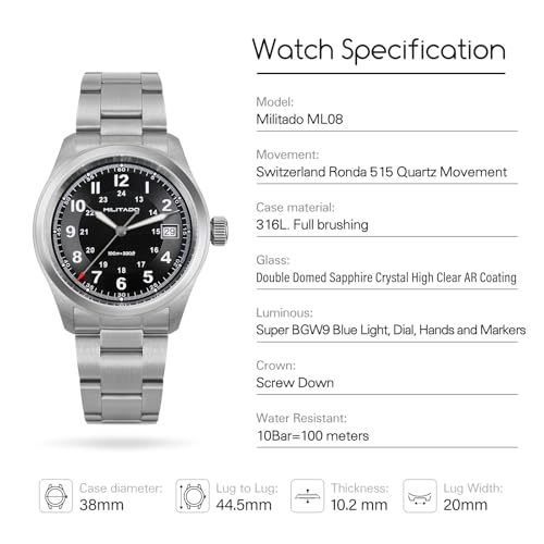 Image of TACTICAL FROG Militado ML08 Field Watch Japanese Sweep VH31 / 515 Movt with Calendar, Men's Military Watch Sapphire Crystal 10 ATM Waterproof Analog Watches for Men